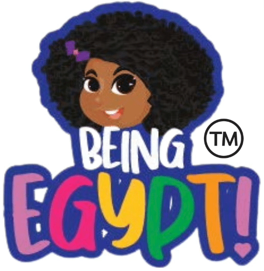 A cartoon image of a smiling, dark-skinned woman with large, curly hair and a pink bow. The text "BEING EGYPT" is displayed below the character.