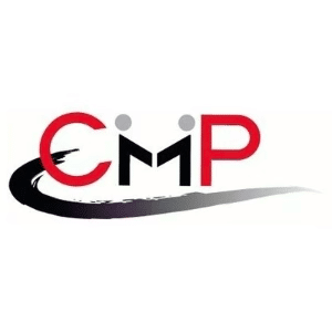CMP - Stylized text logo with curving line design