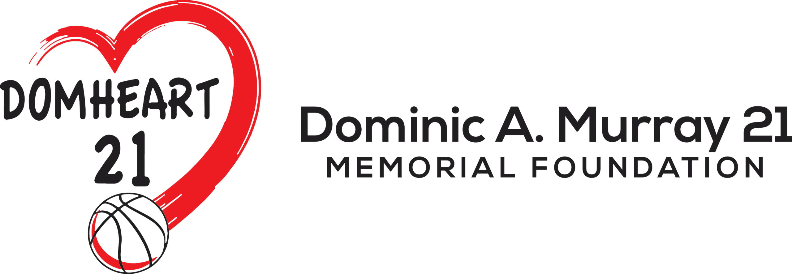 "Logo for Dominic A. Murray 21 Memorial Foundation, featuring a red heart-shaped outline and basketball"