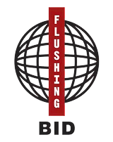 Circular logo with the text 'FLUSHING BID' inside a globe icon.