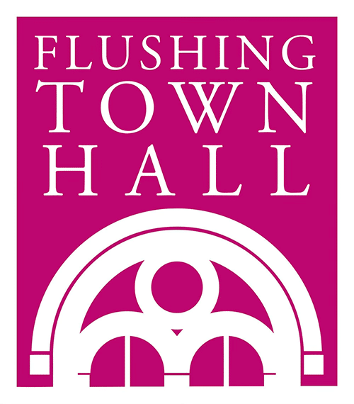 Flushing Town Hall logo on a bright pink background, featuring an arched entryway and the text "Flushing Town Hall".