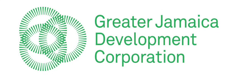 The logo for the Greater Jamaica Development Corporation, consisting of a green stylized sun or flower shape with text underneath.