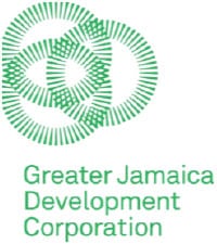 Circular green logo with radiating lines forming a spiral design with text "Greater Jamaica Development Corporation".