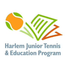 Colorful logo for Harlem Junior Tennis & Education Program, featuring abstract orange and green shapes.