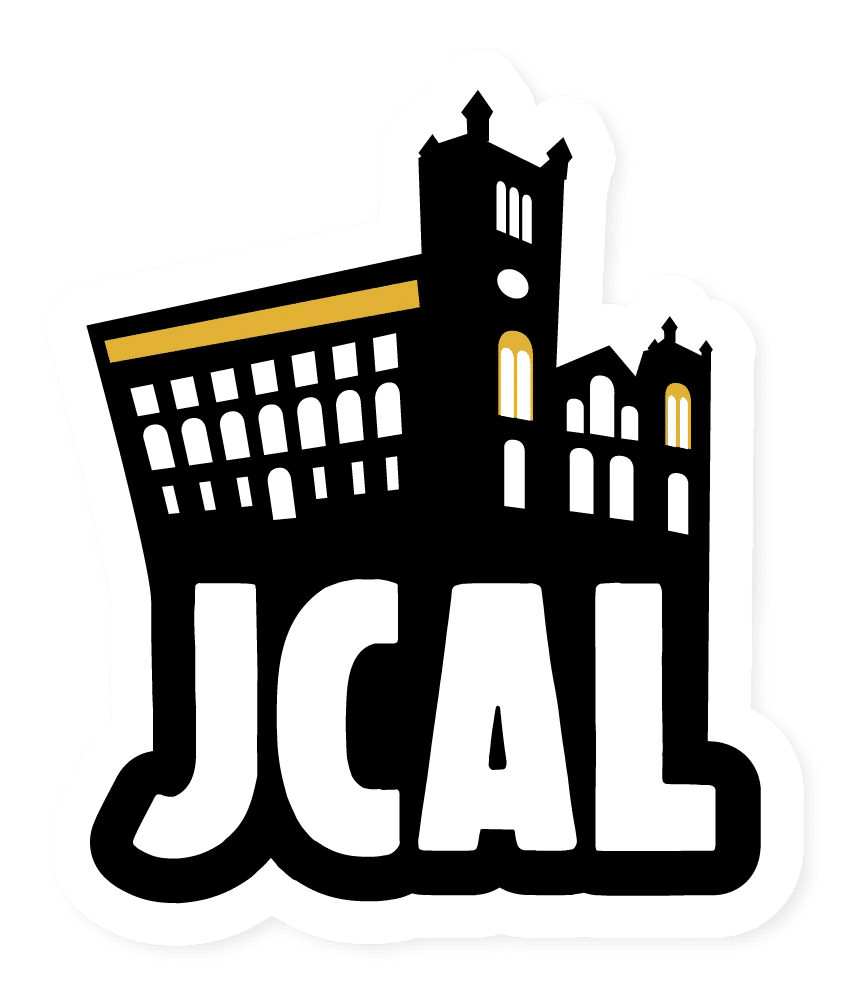 Stylized black and yellow text and building silhouettes spelling "JCAL"
