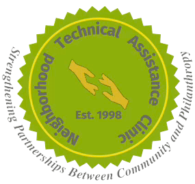 Circular green badge with gold outline. Text reads "Neighborhood Technical Assistance Clinic, Est. 1998".