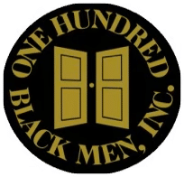 One Hundred Black Men Inc logo with golden text and outlined doors.