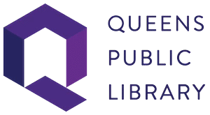 Queens Public Library logo, a purple hexagon with the text "QUEENS PUBLIC LIBRARY" in white.