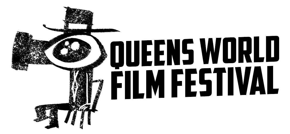 Queens World Film Festival logo featuring a stylized eye and text against a black background.
