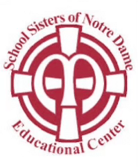 School Sisters of Notre Dame Educational Center logo - cross and circle symbol on red background