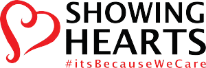 Showing Hearts - Red heart-shaped logo with text "Showing Hearts #itsBecauseWeCare"