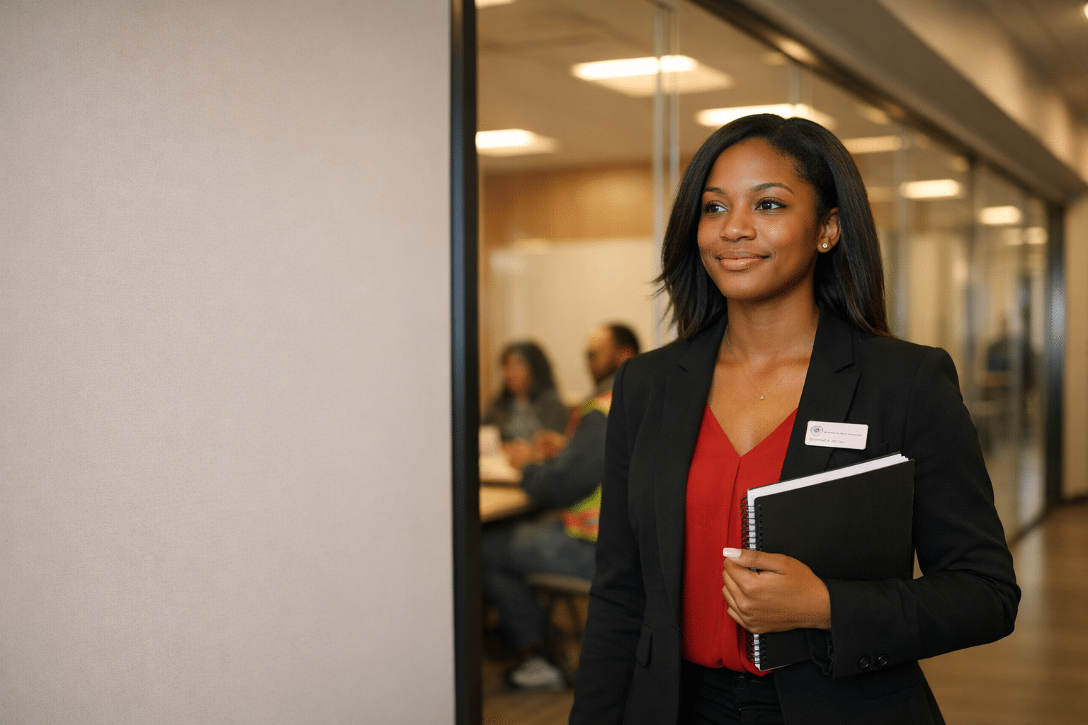 A young woman in a black suit jacket and red shirt stands in a hallway, holding a black notebook.