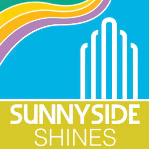 Colorful abstract design with text "Sunnyside Shines" against blue background.