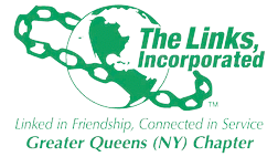 The Links Incorporated Greater Queens (NY) Chapter logo - green earth shape with stylized links representing the organization's international and service-focused mission.