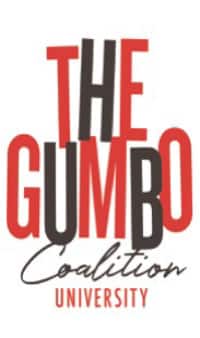 Logo for The Gumbo Coalition University with red text and gray shapes.