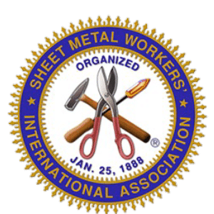 Seal of the Sheet Metal Workers' International Association featuring crossed hammer and shears, and the words "Sheet Metal Workers Organized".