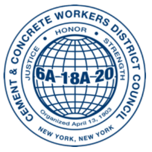 Seal representing the Cement & Concrete Workers District Council, featuring the words "Cement & Concrete Workers District Council GA-18A-20, organized April 13, 1920, New York, New York" and a globe icon.