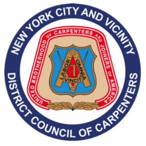 Logo for the New York City and Vicinity District Council of Carpenters featuring a shield with tools, book, and the text "Carpenters".