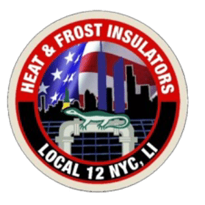 Local 12 NYC heat and frost insulators union logo with American flag and city skyline.